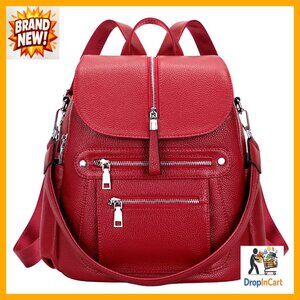 Genuine Leather Backpack Purse Fashion Casual Daypack with Multi Pockets Flap